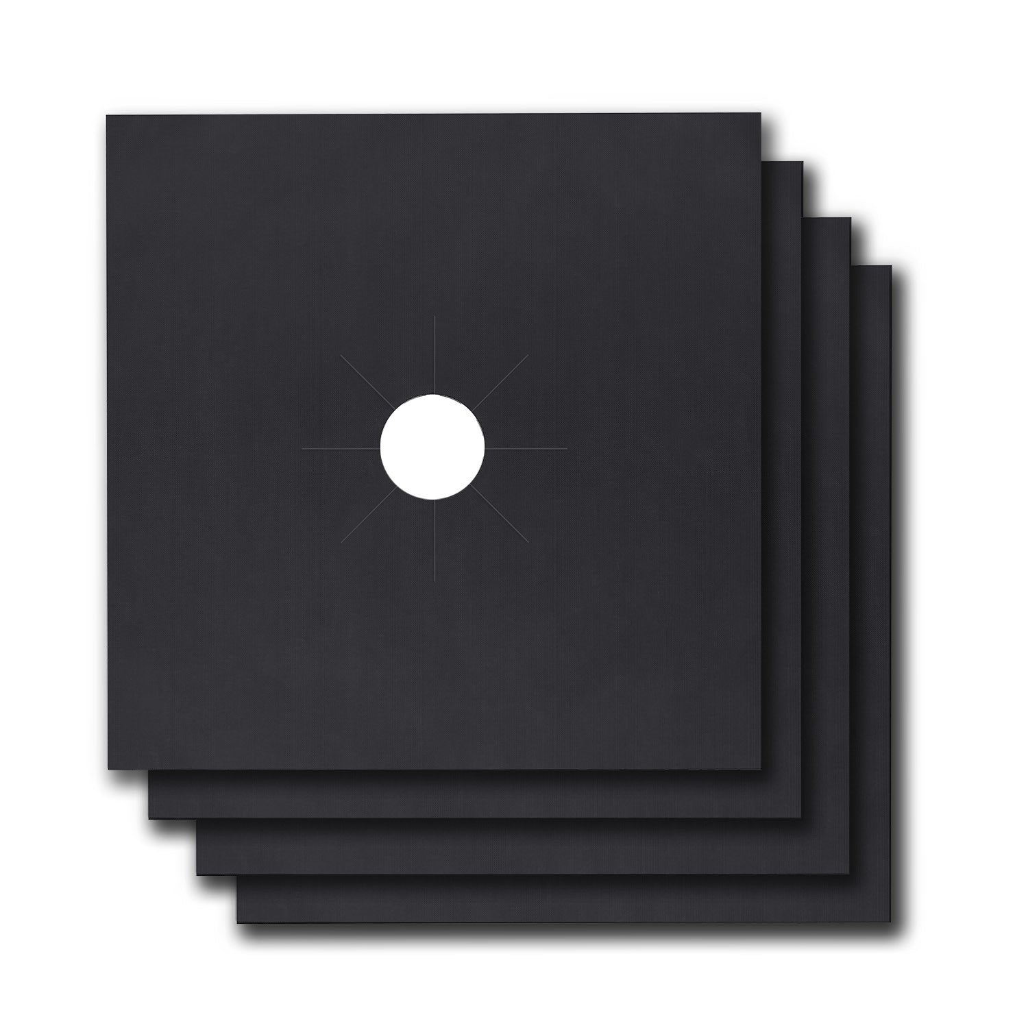 A stack of 4-Pack Reusable Nonstick Stovetop Burner Protector Liner papers with a white circle and crossing lines symbol in the center of the top sheet, treated with a PTFE coating.