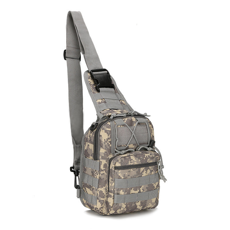 Five images of Tactical Sling Bags in different colors and camouflage patterns, displayed from various angles.