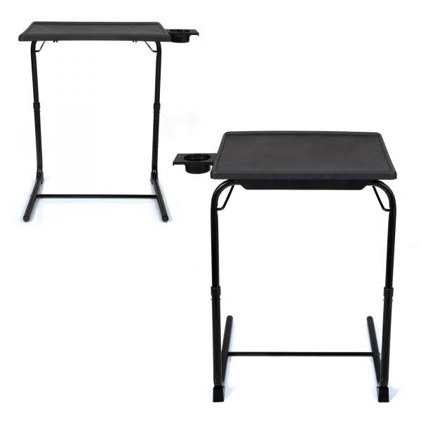Black Adjustable TV Tray Table with Cup Holder;  Folding TV Dinner Table with 6 Height and 3 Tilt Angle Adjustments, isolated on a white background.