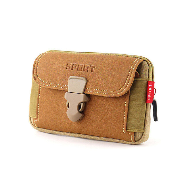 Man holding a 'HIM' Sport Belt Waist Canvas Bag, with other color variants displayed.