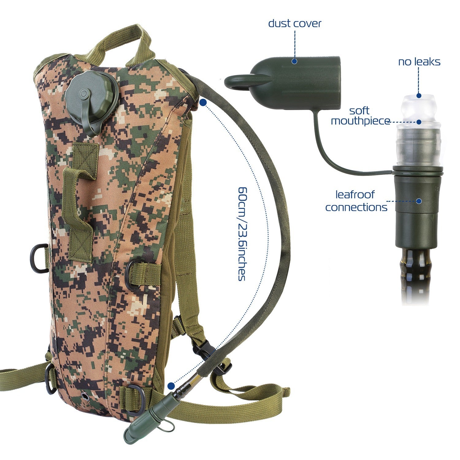 Tactical Hydration Pack suitable for running, cycling, and climbing. Includes water bladder, camo backpack, and icons indicating BPA-free material.
