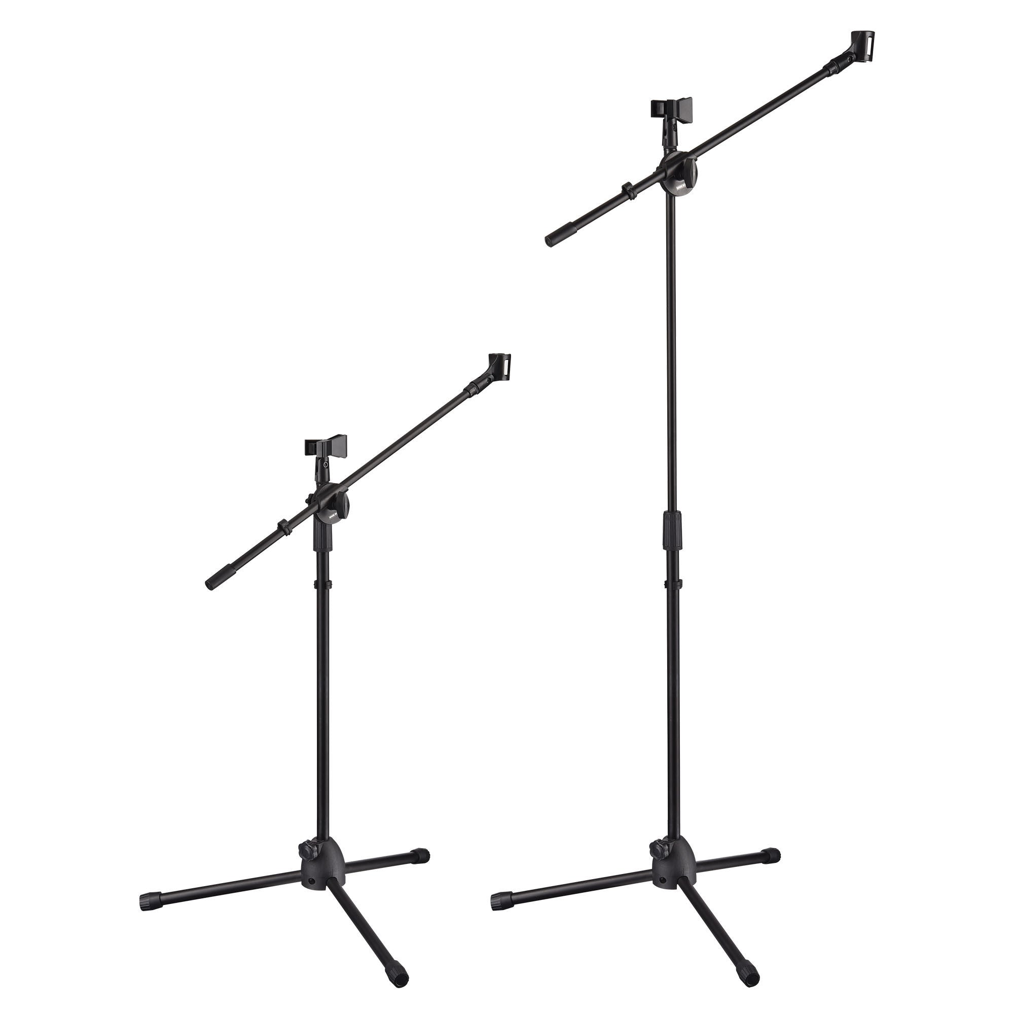 Black Mic Stand w/ Boom Arm 2mic Black with adjustable height and a tripod base isolated on a white background.