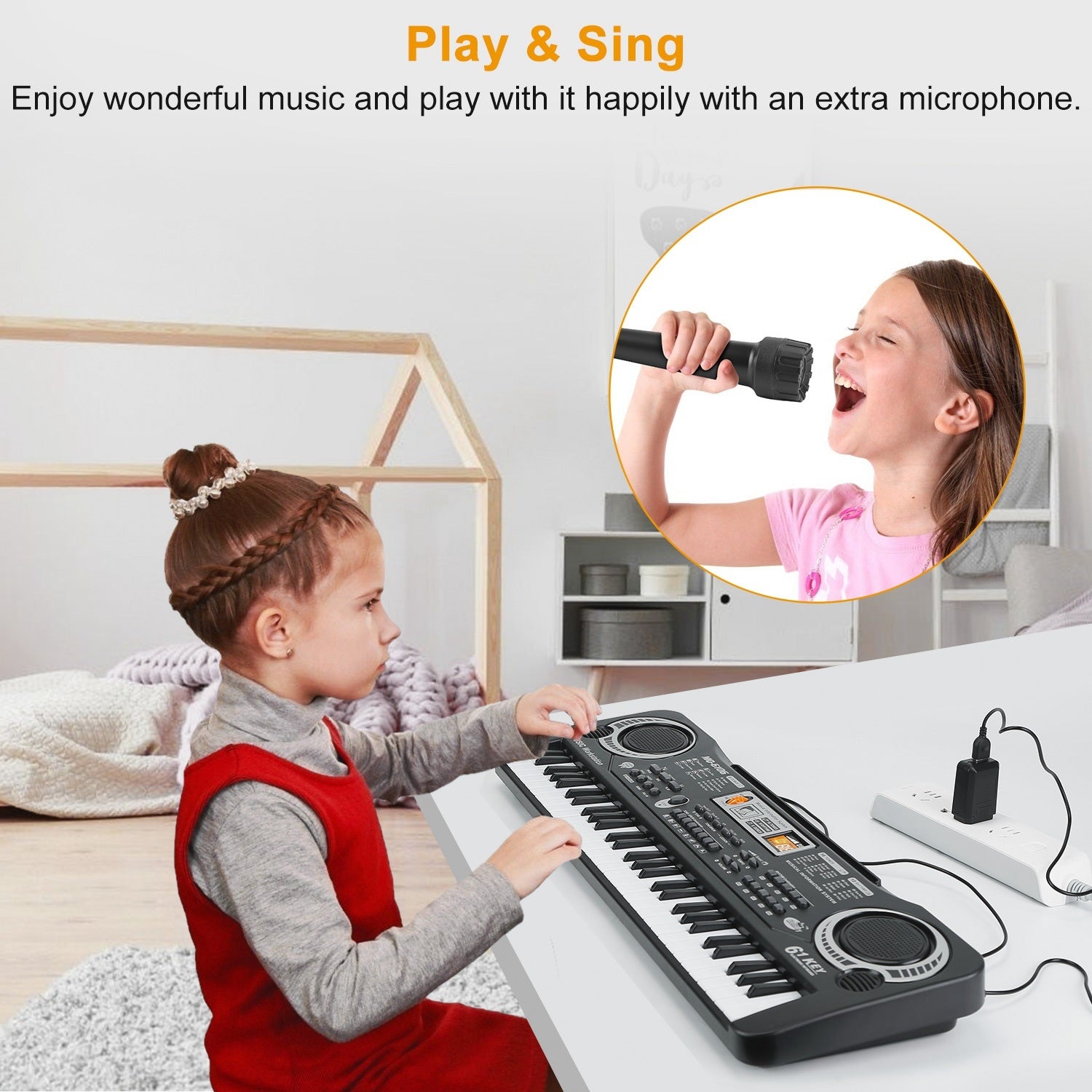 Collage of children playing musical instruments and a 61 Keys Digital Music Electronic Keyboard Electric Piano Musical Instrument Kids Learning Keyboard with features highlighted, including keys, tones, and accessories.