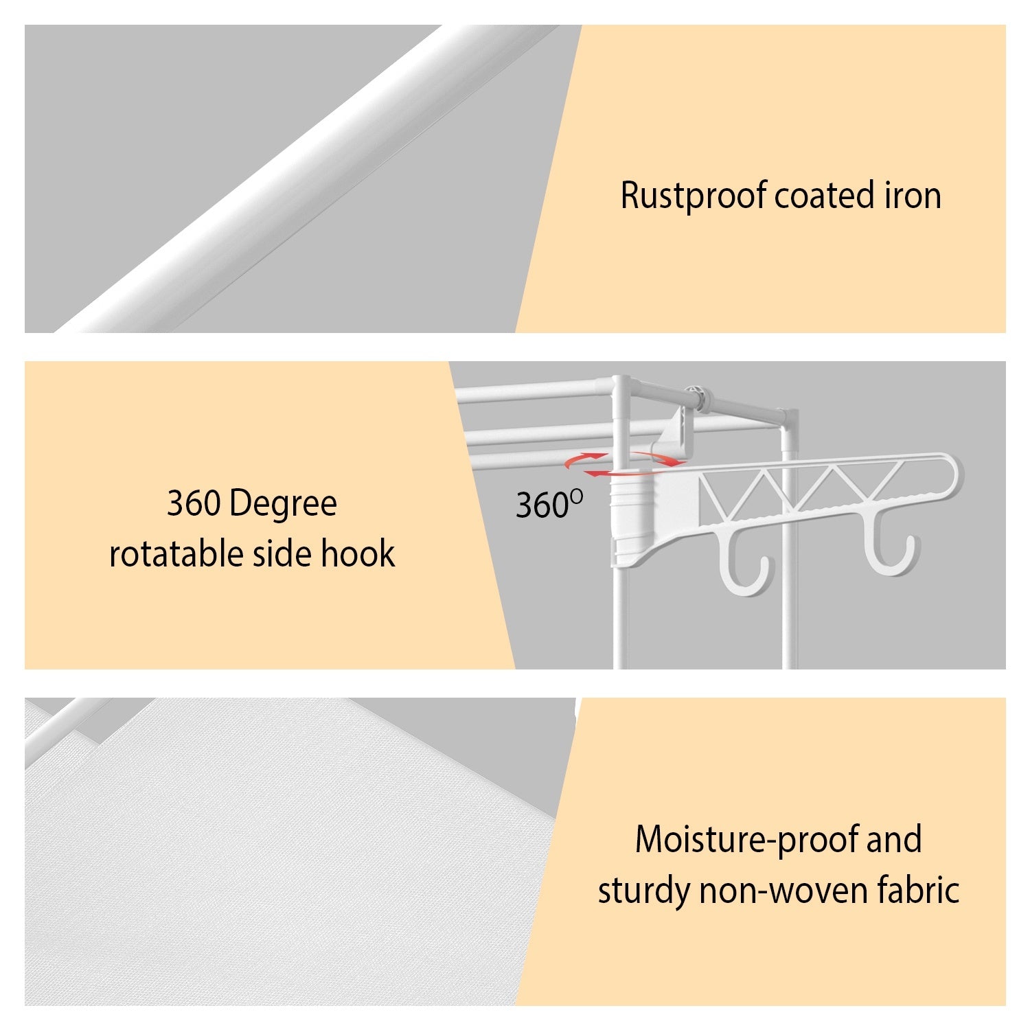 Black Metal Garment Rack Shoe Clothing Organizer Shelves Freestanding Multifunctional Clothes Wardrobe with multiple shelves and hanging bars, featuring additional hooks on the top side for extra storage.