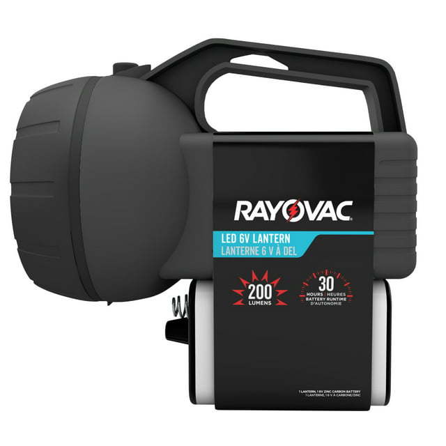 Black Rayovac Brite Essentials 4 LED floating lantern with a handle, displaying the product label and specifications including 200 lumens brightness and 30-hour battery life.