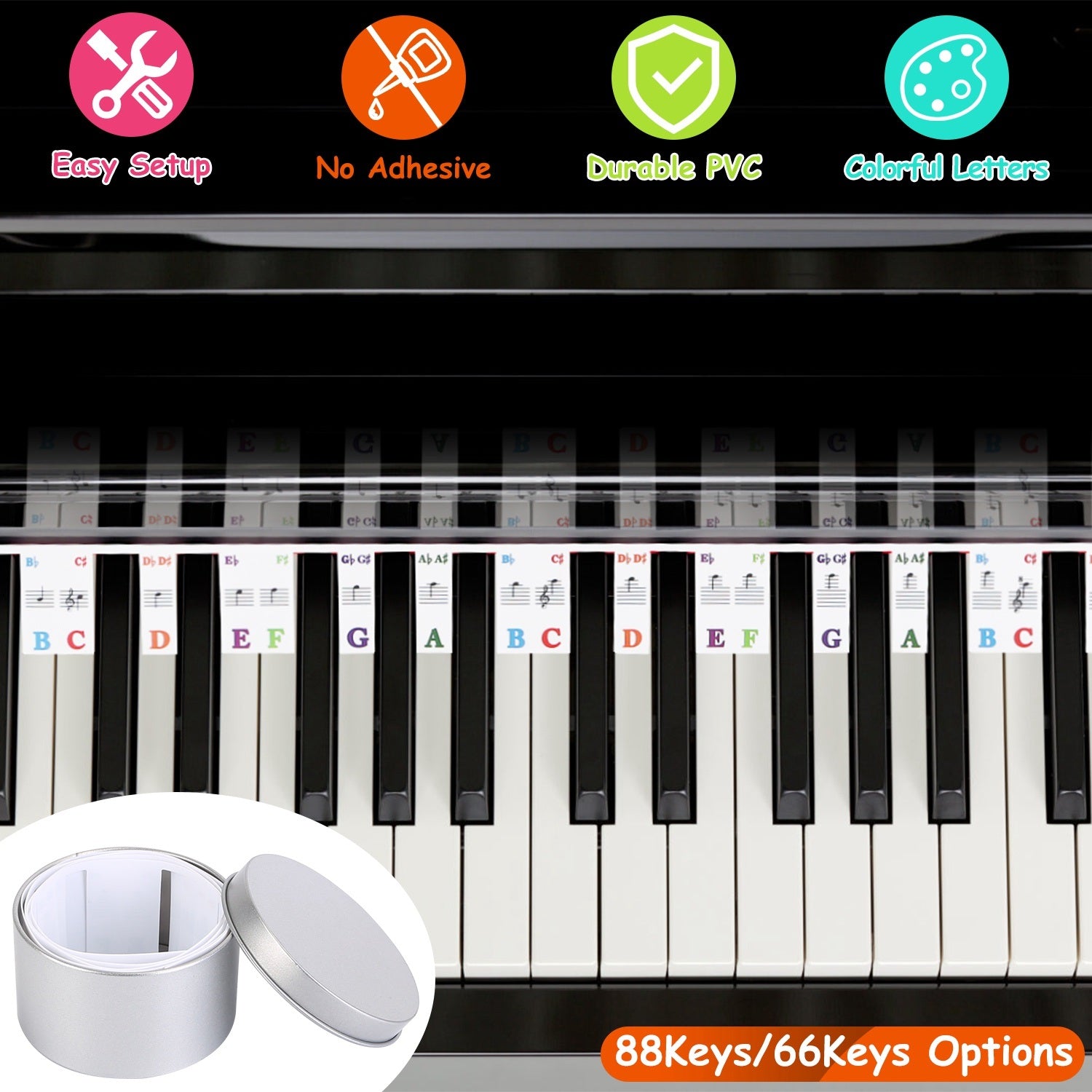 Piano Keyboard Stickers Removable Piano Key Labels PVC Piano Notes Guide without Glue for Beginners Kids with musical notes and corresponding letters, displayed in a loop beside a small round container with a metallic lid.