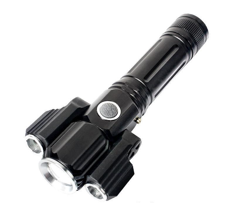Black tactical 3 head flashlight on a white background.