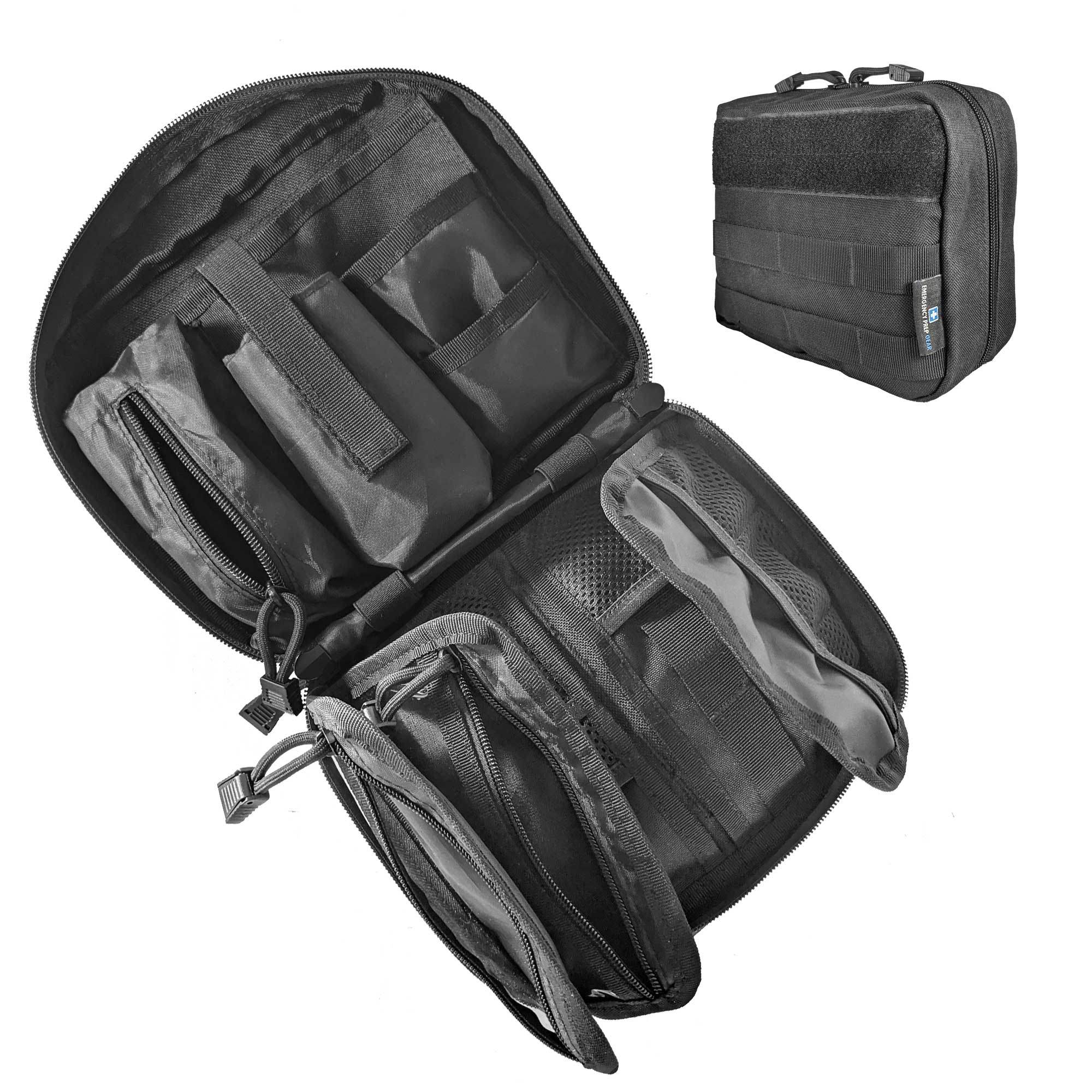 Black First Aid MOLLE bag unzipped to show interior compartments for rapid access supplies, and a view of the closed pouch next to it.