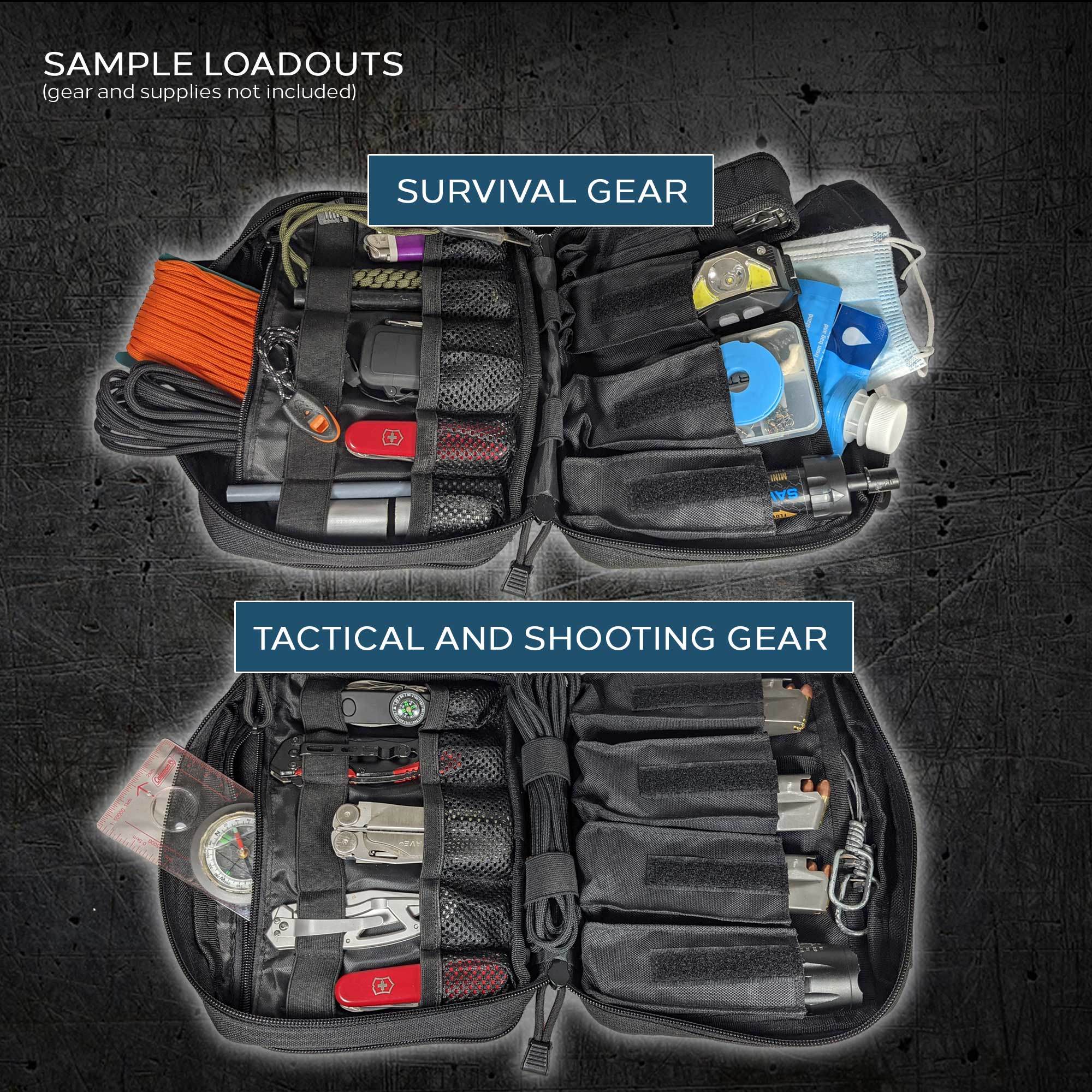 Open black tactical backpack displaying internal compartments and a detached Excursion Gear Organizer, isolated on a white background.