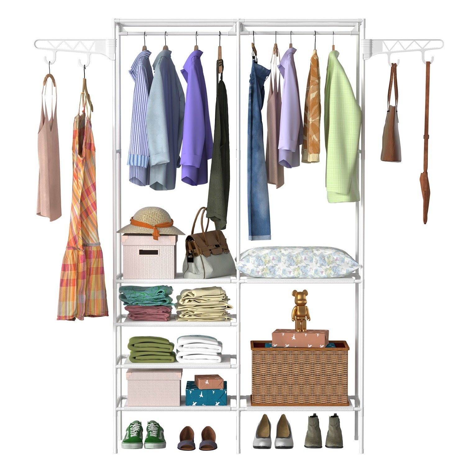 Black Metal Garment Rack Shoe Clothing Organizer Shelves Freestanding Multifunctional Clothes Wardrobe with multiple shelves and hanging bars, featuring additional hooks on the top side for extra storage.
