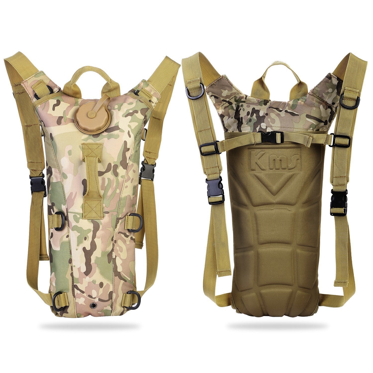 Tactical Hydration Pack suitable for running, cycling, and climbing. Includes water bladder, camo backpack, and icons indicating BPA-free material.
