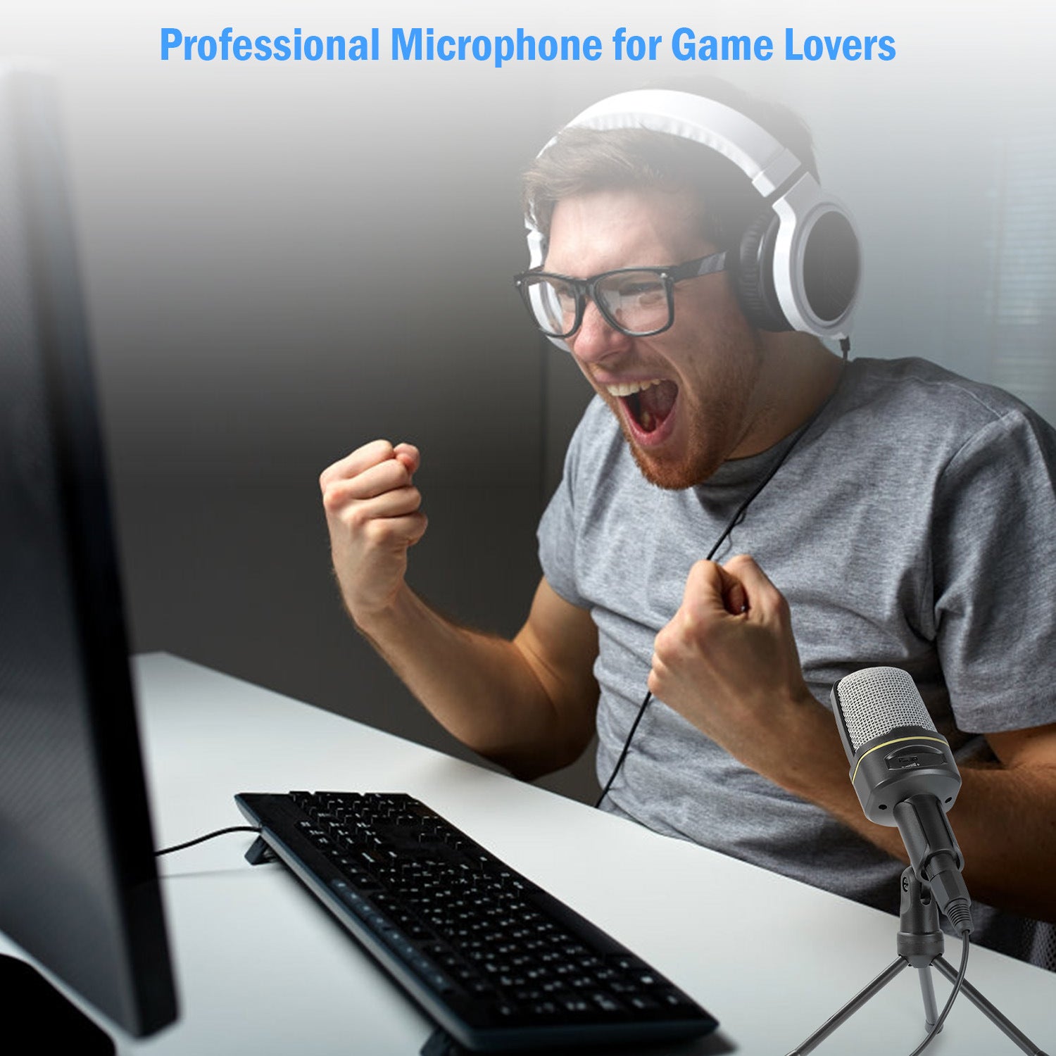 An Pro Condenser Microphone with Tripod Stand Audio Studio Recording Desktop Mic Flexible Mic on a small tripod stand, isolated on a white background.