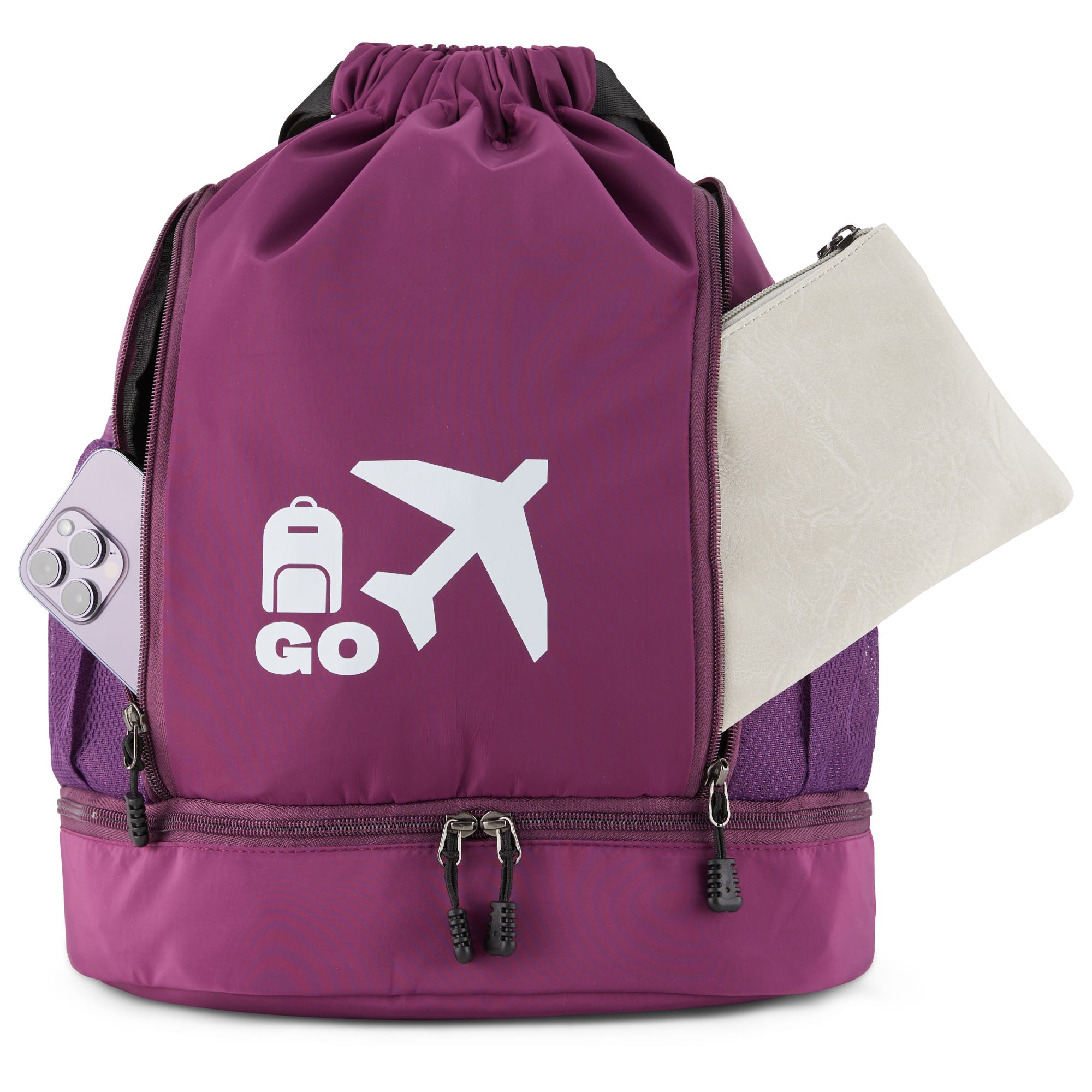 Clarissa GO Bag with a white airplane and suitcase icon, featuring an external pocket and a purple smartphone in a side holder.