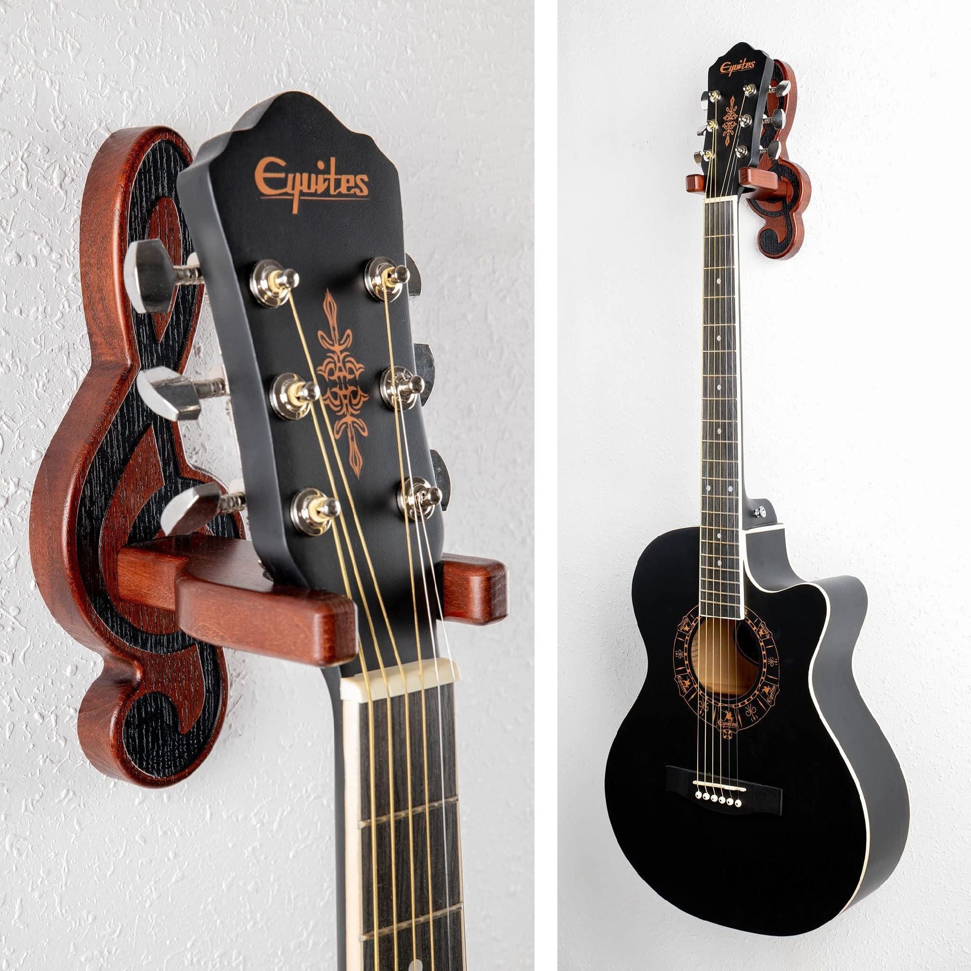 Sentence with the replaced product name: Guitar Holder Wall Mount Ash Wood Wooden Guitar Hanger Hook Stand Rack Guitar Hanger for Electric Classic Acoustic and Bass Guitar Musical Instruments Hardwood (Mahogany Musical key) with padded yoke, shown with a close-up of a guitar headstock attached to it.