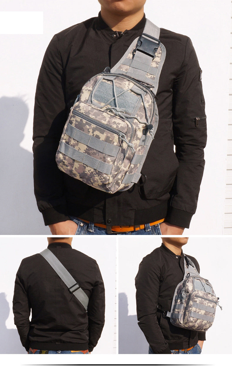 Five images of Tactical Sling Bags in different colors and camouflage patterns, displayed from various angles.