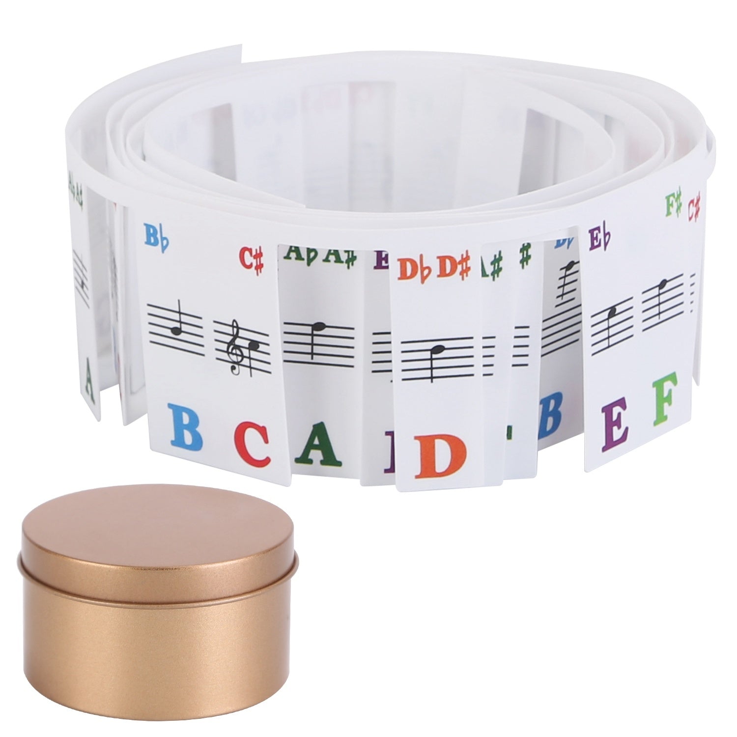 Piano Keyboard Stickers Removable Piano Key Labels PVC Piano Notes Guide without Glue for Beginners Kids with musical notes and corresponding letters, displayed in a loop beside a small round container with a metallic lid.