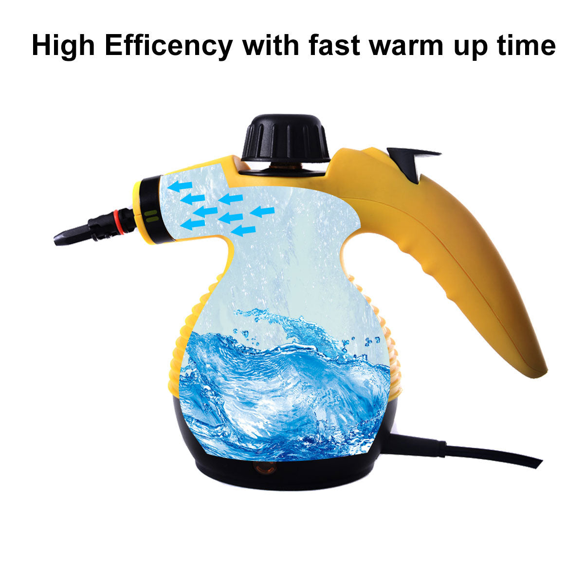 Yellow Handheld Pressurized Steam Cleaner with 9-Piece Accessory Set, Multifunctional Steam Cleaning for Car, Home, Bedroom, Chemical-Free XH being used next to a sink, with an inset image displaying its various attachments and storage bag.