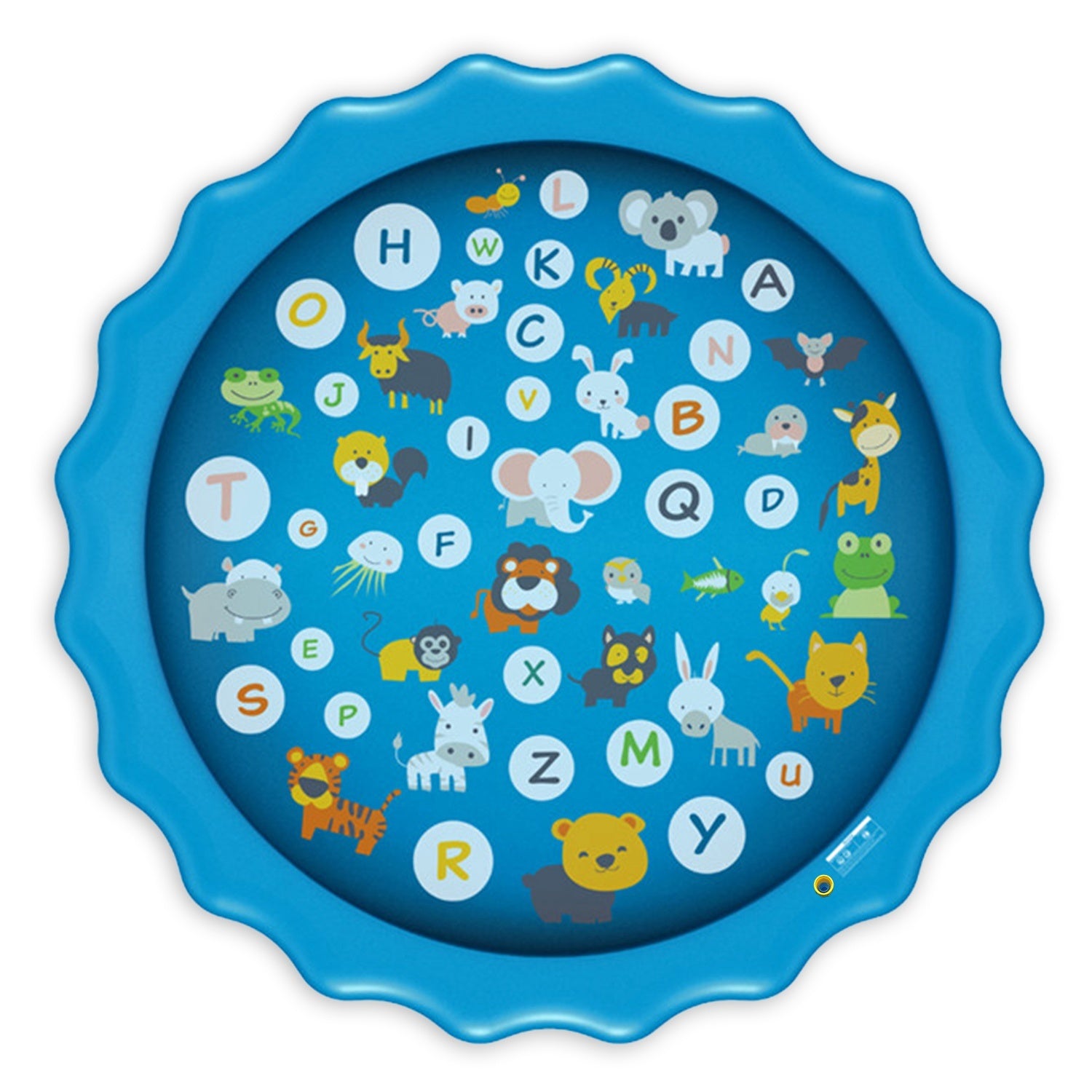 Three children playing joyfully in a Sprinkler Splash Pad For Kids 68IN Inflatable Blow Up Pool Sprinkle Play Mat Summer Outdoor Water Toys on a sandy beach, with overlay text highlighting product features.