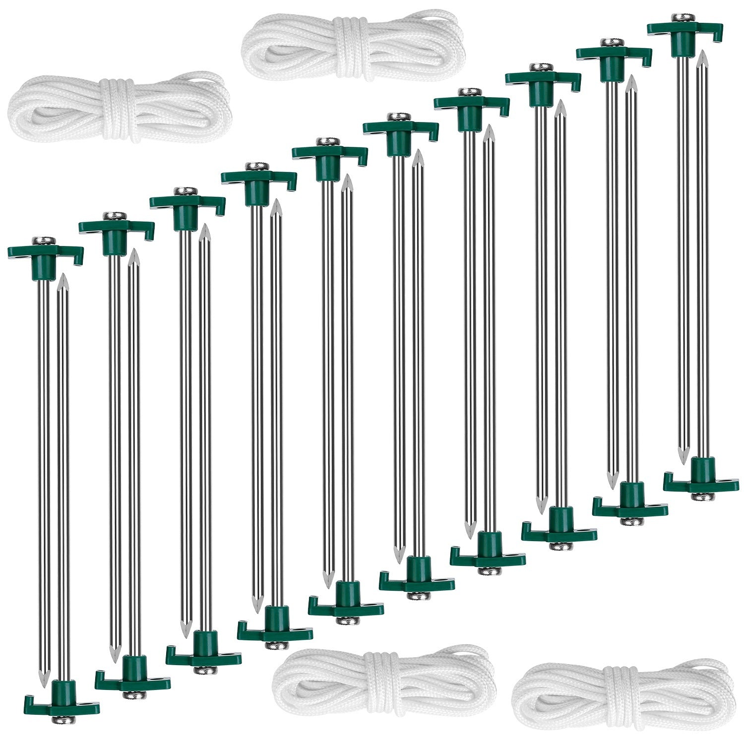 Two metal tent poles with green ends, four coiled white ropes, and twelve Tent Pegs Ropes Set 20Pcs 9.8in Heavy Duty Tent Stakes Nails Spike with 4x 9.8ft Nylon Ropes Tent Pop Up Canopy Stakes arranged symmetrically on a white background.