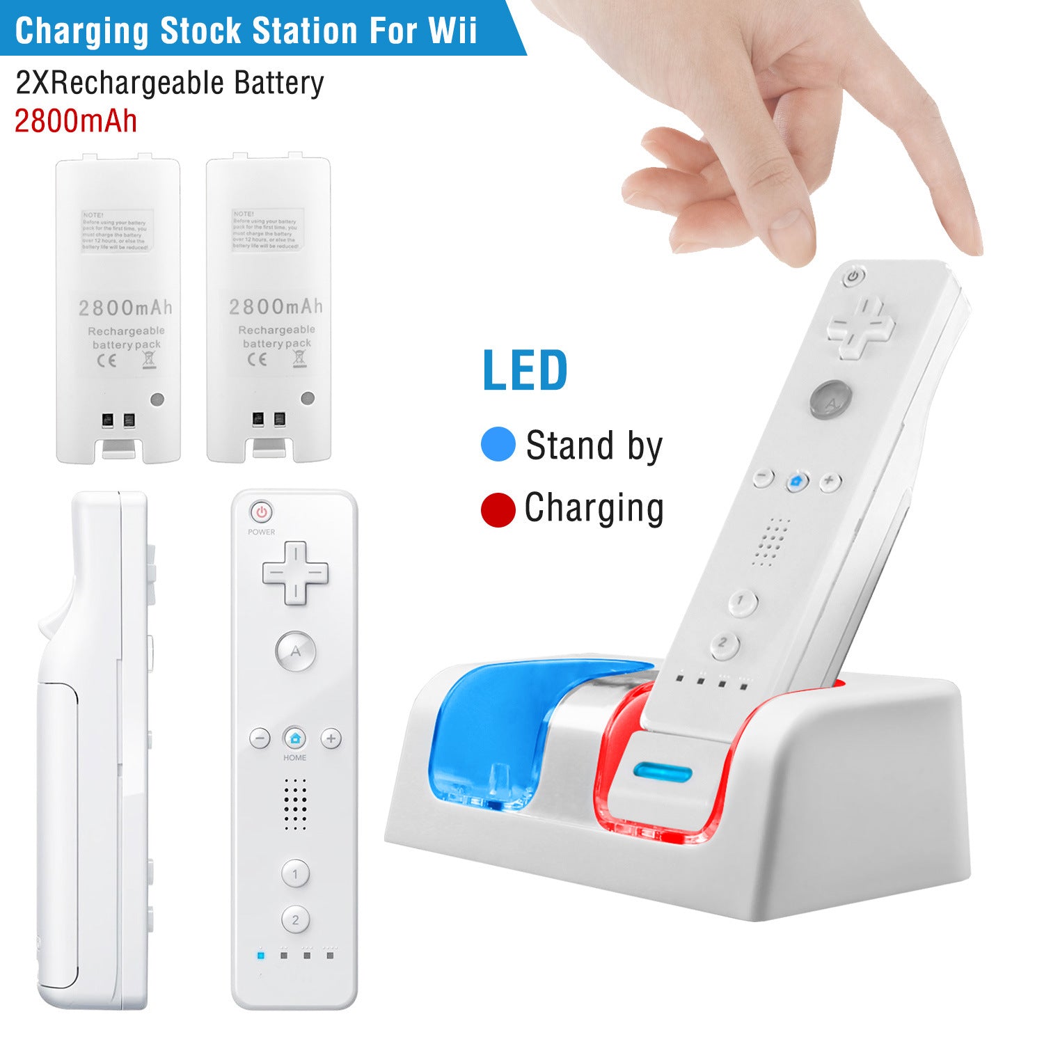 A For Wii Remote Controller Charger Dual Charge Dock with Two 2800mAh Rechargeable Batteries station for gaming controllers with rechargeable batteries, a USB cable, and safety feature icons displayed.