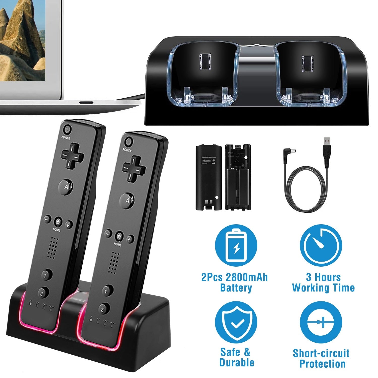 A For Wii Remote Controller Charger Dual Charge Dock with Two 2800mAh Rechargeable Batteries station for gaming controllers with rechargeable batteries, a USB cable, and safety feature icons displayed.