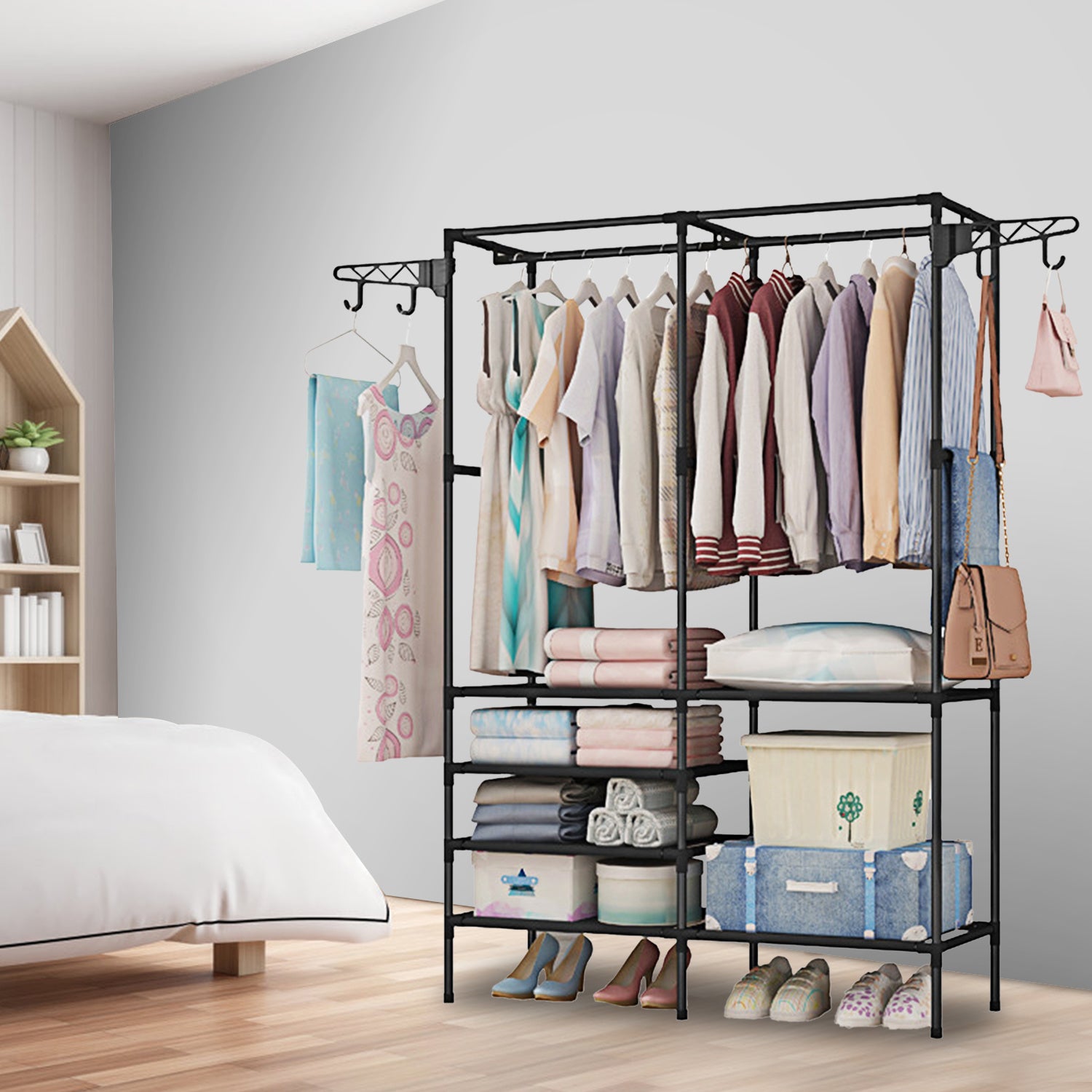 Black Metal Garment Rack Shoe Clothing Organizer Shelves Freestanding Multifunctional Clothes Wardrobe with multiple shelves and hanging bars, featuring additional hooks on the top side for extra storage.