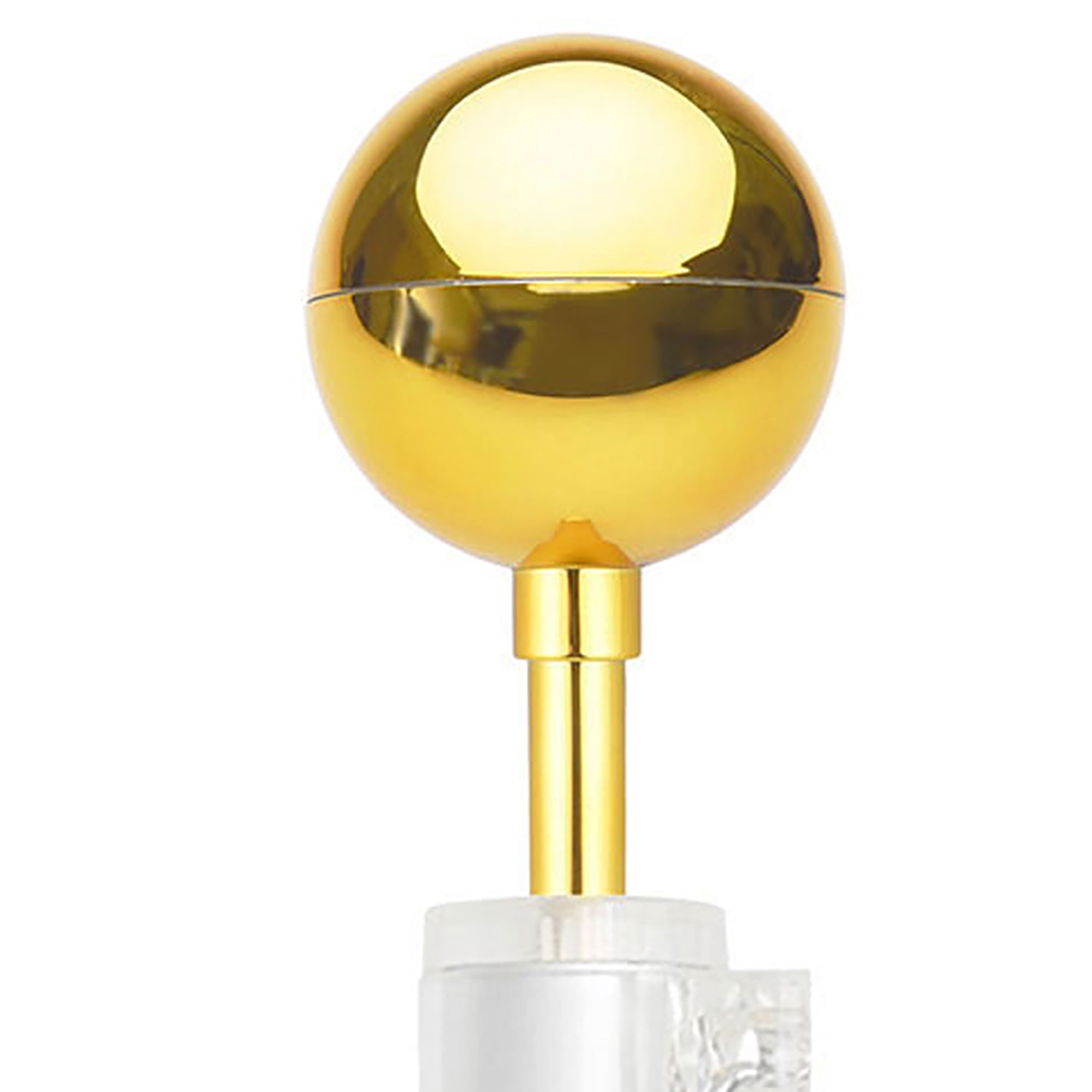 A Gold Ball For 16ft 20ft 25ft Flag Pole atop a threaded post, split horizontally in the center, isolated on a white background.