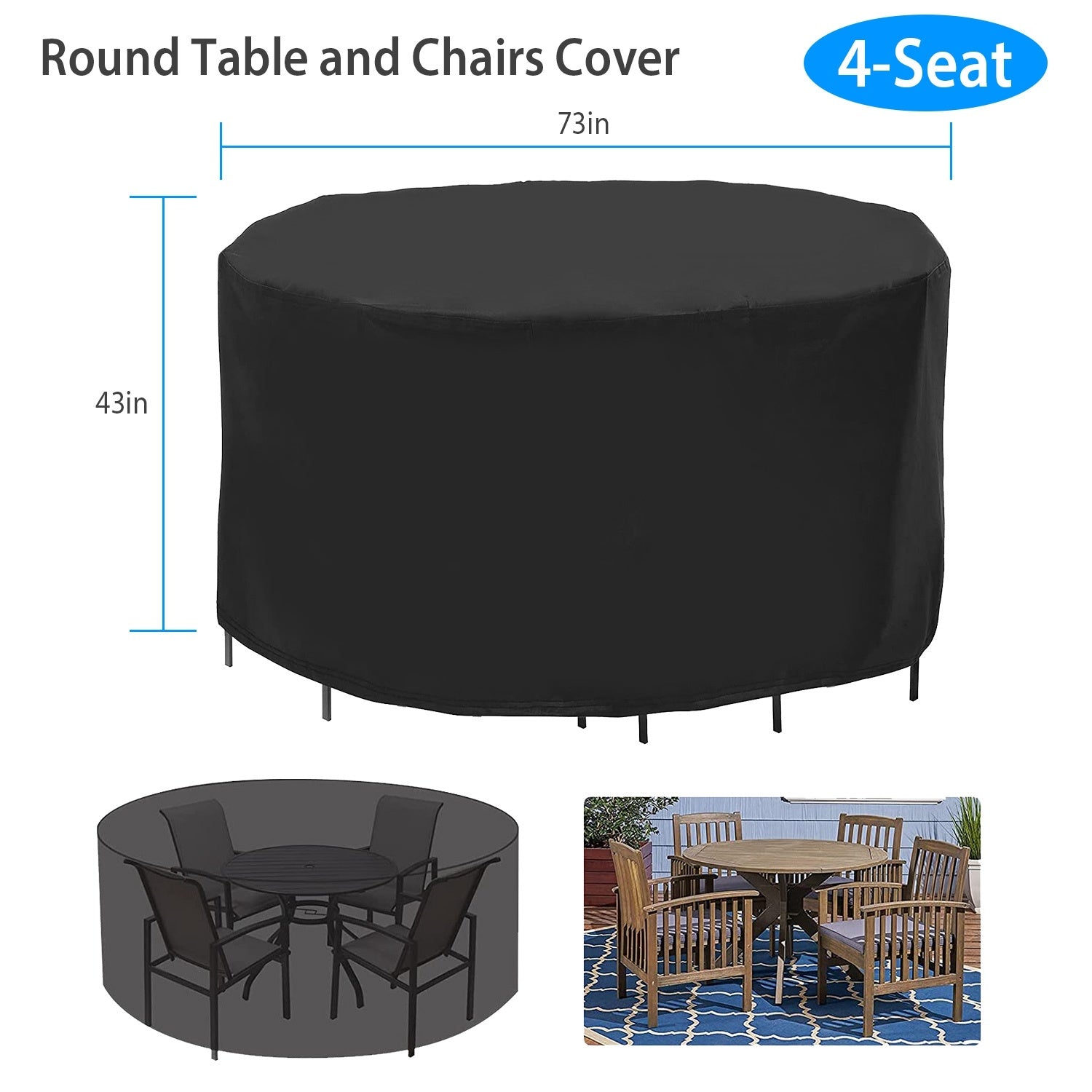 A Circular Table Cover UV Water Resistant Outdoor Furniture Protector fitting over a round table, with the table's legs visible.