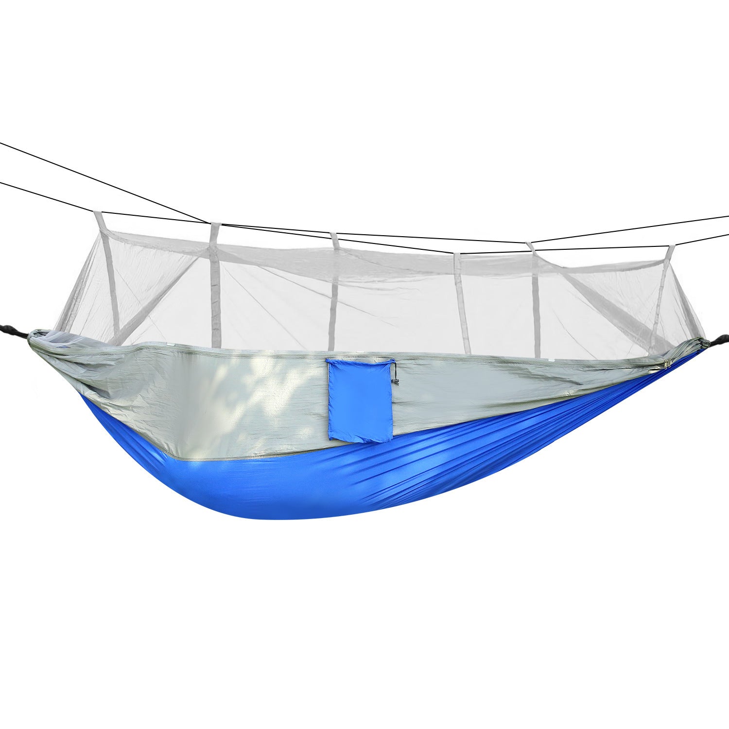 600lbs Load 2 Persons Hammock with Mosquito Net Outdoor Hiking Camping Hommock Portable Nylon Swing Hanging Bed, suspended by ropes on a white background.
