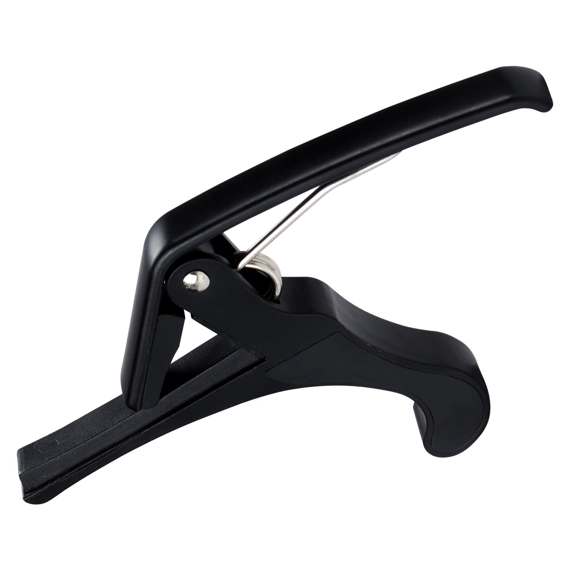 Black aluminum alloy Guitar Capo isolated on a white background, side view.