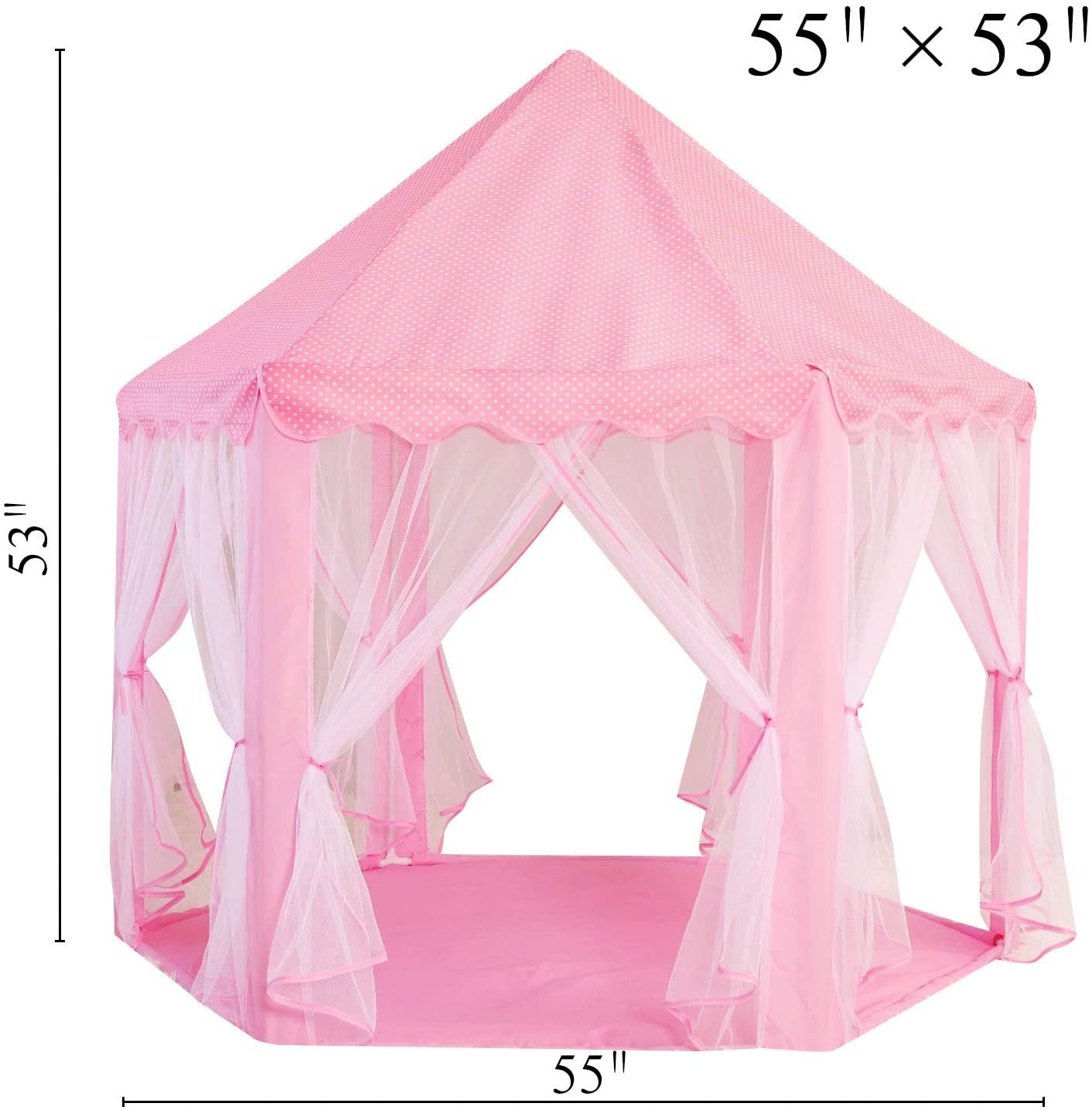 A pink Outdoor Indoor Portable Folding Princess Castle Tent Kids Children Funny Play Fairy House Kids Play Tent with its flap open, displaying several teddy bears inside, illuminated by string lights, with a star-shaped light visible at the top corner.