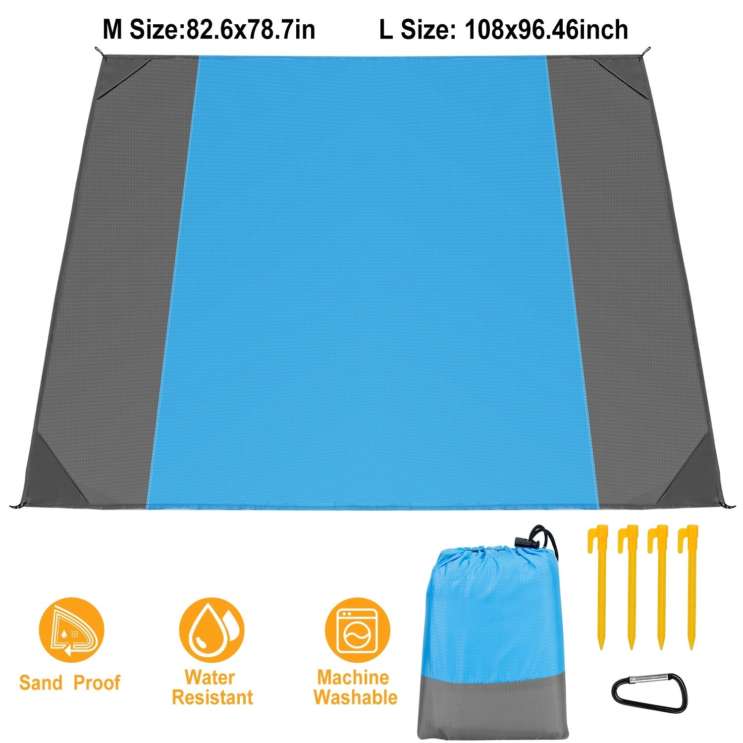 108x96.46in Sand Proof Picnic Blanket Water Resistant Foldable Camping Beach Mat with stakes and a carry bag, isolated on a white background.
