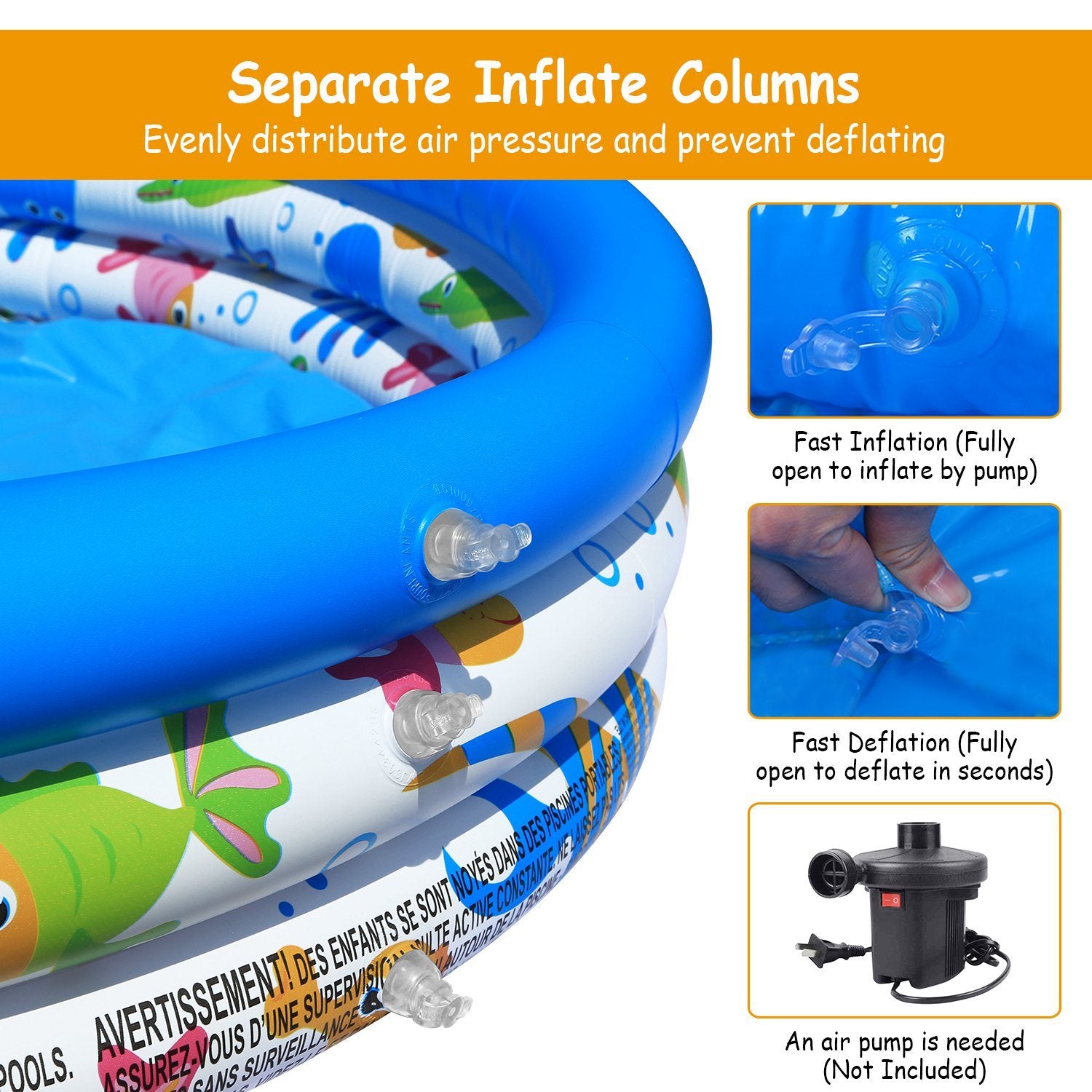 The 48x10In Inflatable Swimming Pool Blow Up Family Pool For 2 Kids Foldable Swim Ball Pool Center with separate air columns highlighted; an air pump is shown with icons indicating fast inflation and deflation. Safety warnings are visible on the pool's side. This premium materials splashing pool party feature ensures durability and fun for all ages.