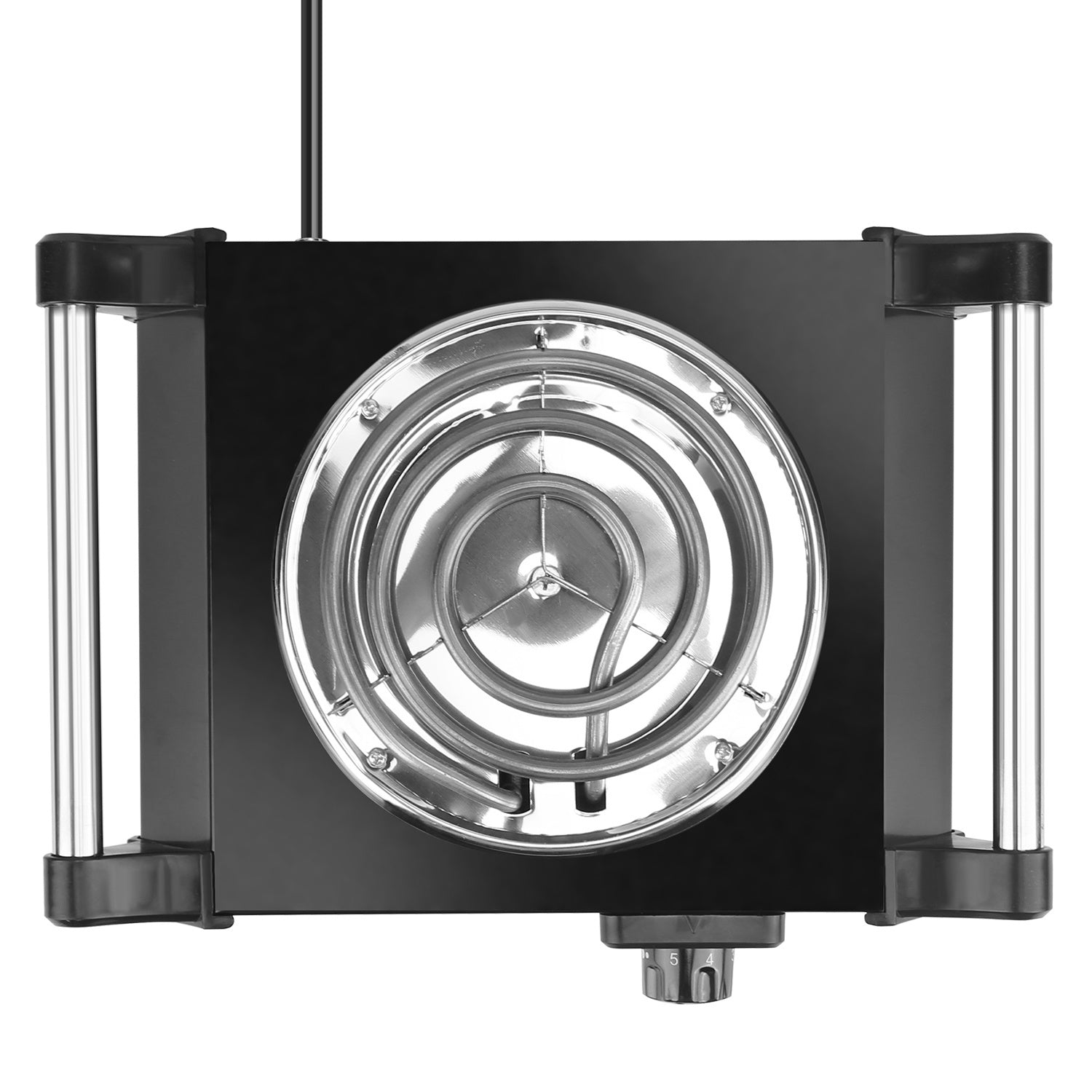 Sentence with Product Name: 1000W Electric Single Burner Portable Coil Heating Hot Plate Stove Countertop RV Hotplate with 5 Temperature Adjustments Portable Handles displayed with a man cooking on it in a kitchen setup.