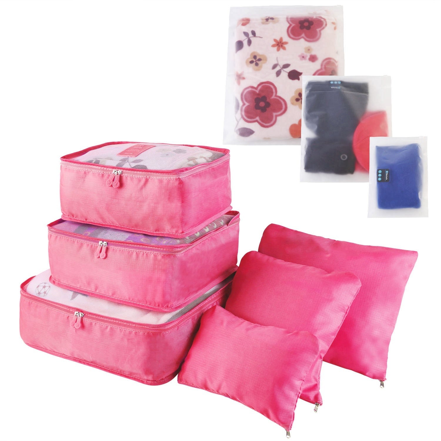 Set of four 9Pcs Clothes Storage Bags Water-Resistant Travel Luggage Organizer Clothing Packing Cubes of varying sizes with clothing items, displayed next to a folded floral blouse, all on a white background.