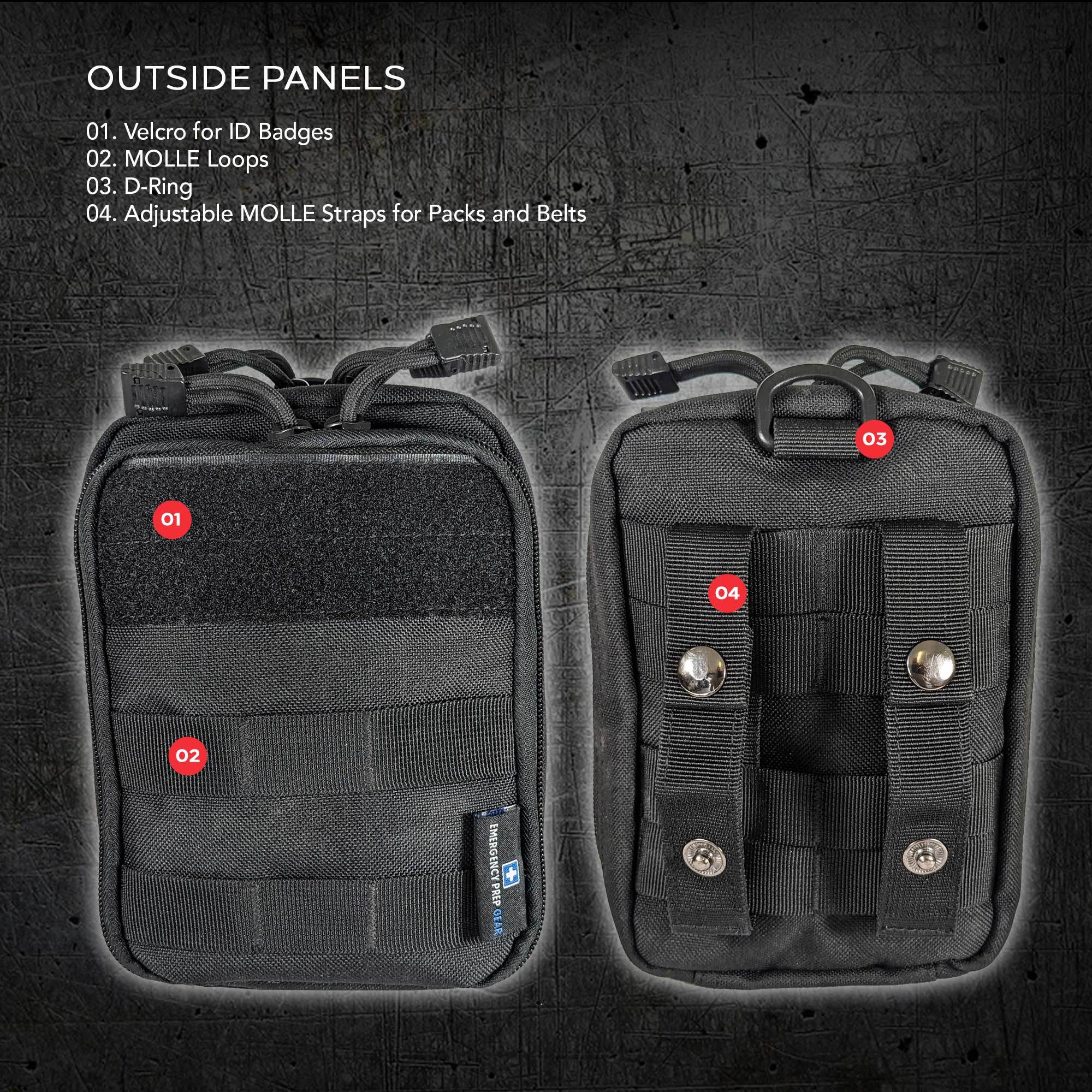 Three black tactical pouches made of 1000D Nylon with zippers, one open to reveal internal compartments, isolated on a white background.