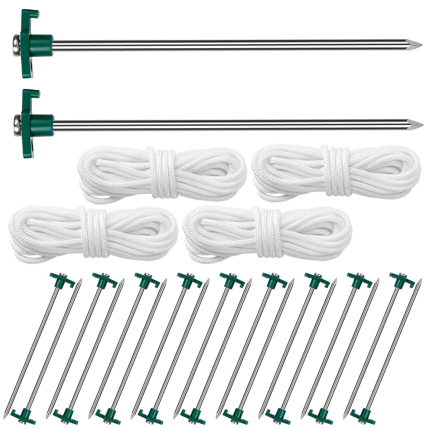 Two metal tent poles with green ends, four coiled white ropes, and twelve Tent Pegs Ropes Set 20Pcs 9.8in Heavy Duty Tent Stakes Nails Spike with 4x 9.8ft Nylon Ropes Tent Pop Up Canopy Stakes arranged symmetrically on a white background.
