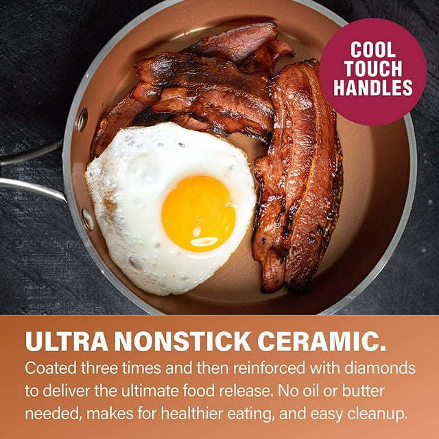 Hammered 10 inch, Copper-colored diamond-reinforced non-stick frying pan with a stainless steel handle and a transparent glass lid.