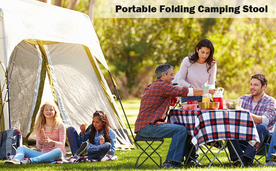 YSSOA Folding Camping Stool with a metal frame, isolated on a white background.