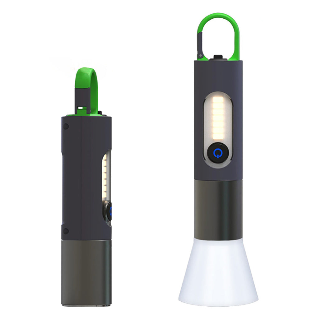 Two modern portable Flash Flashlights with built-in radios and USB fast direct charging ports, one displayed open to show the radio, both emitting light from their bases.