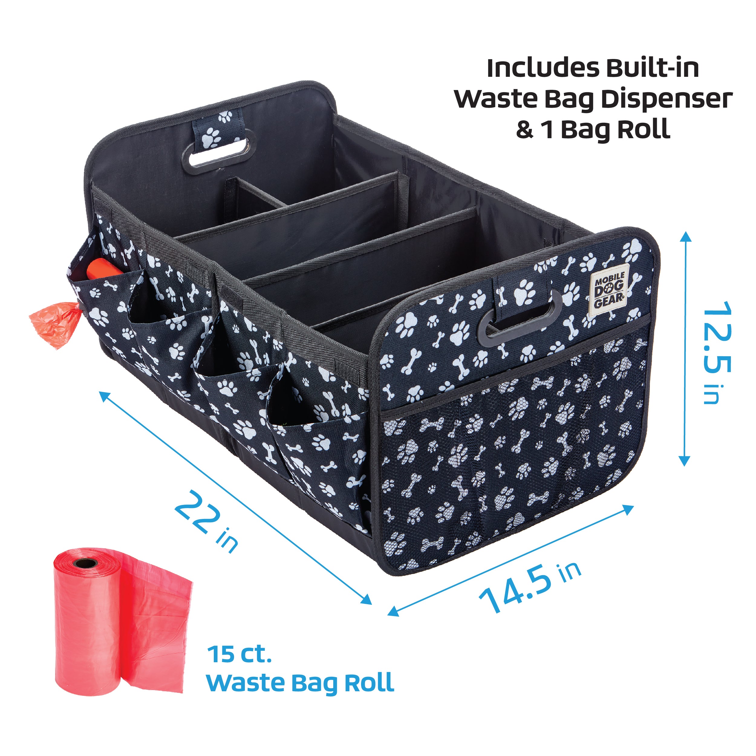 A collapsible multipurpose organizer filled with various items like bottles and bags. Text on the image reads "Great for Travel!" Perfect for dog travel essentials.