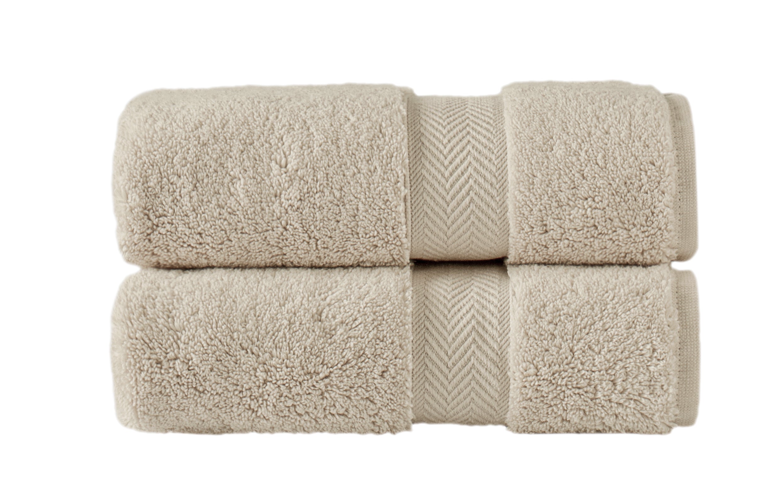 The Klassic Collection 2 PK Hand Towels Set consists of two folded white towels made from Long Staple Aero Cotton, displaying a textured pattern as they are stacked on top of each other.