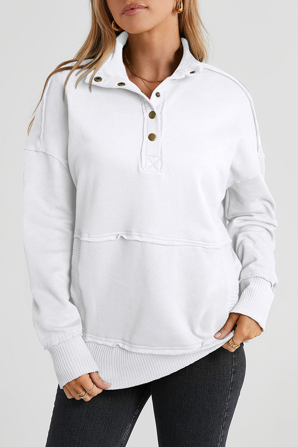 White Ribbed Hem Snap Button Neckline Sweatshirt with Pocket