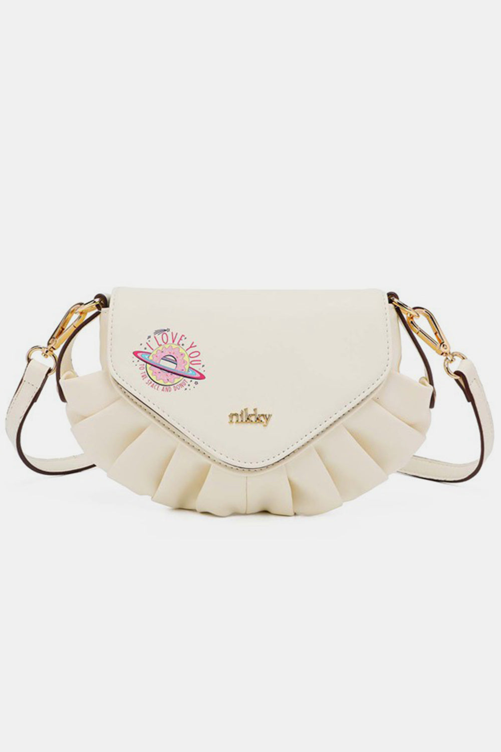 The Nicole Lee USA Graphic Crossbody Bag is a black shoulder bag embellished with a small heart decoration and featuring a "nikky" logo on the front. It includes ruffled detailing at the bottom and comes with an adjustable strap, making it a stylish fashion accessory.