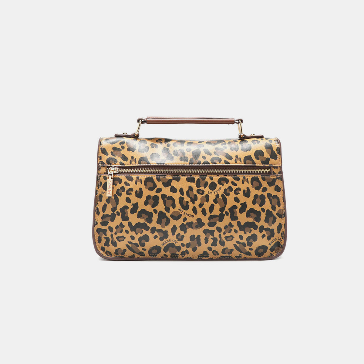 The Nicole Lee USA Leopard Top Handle Handbag is a stylish accessory with chic leopard print and brown vegan leather accents. It boasts two outer pockets, a gold-tone zip closure, and includes a versatile crossbody strap for convenient carrying.