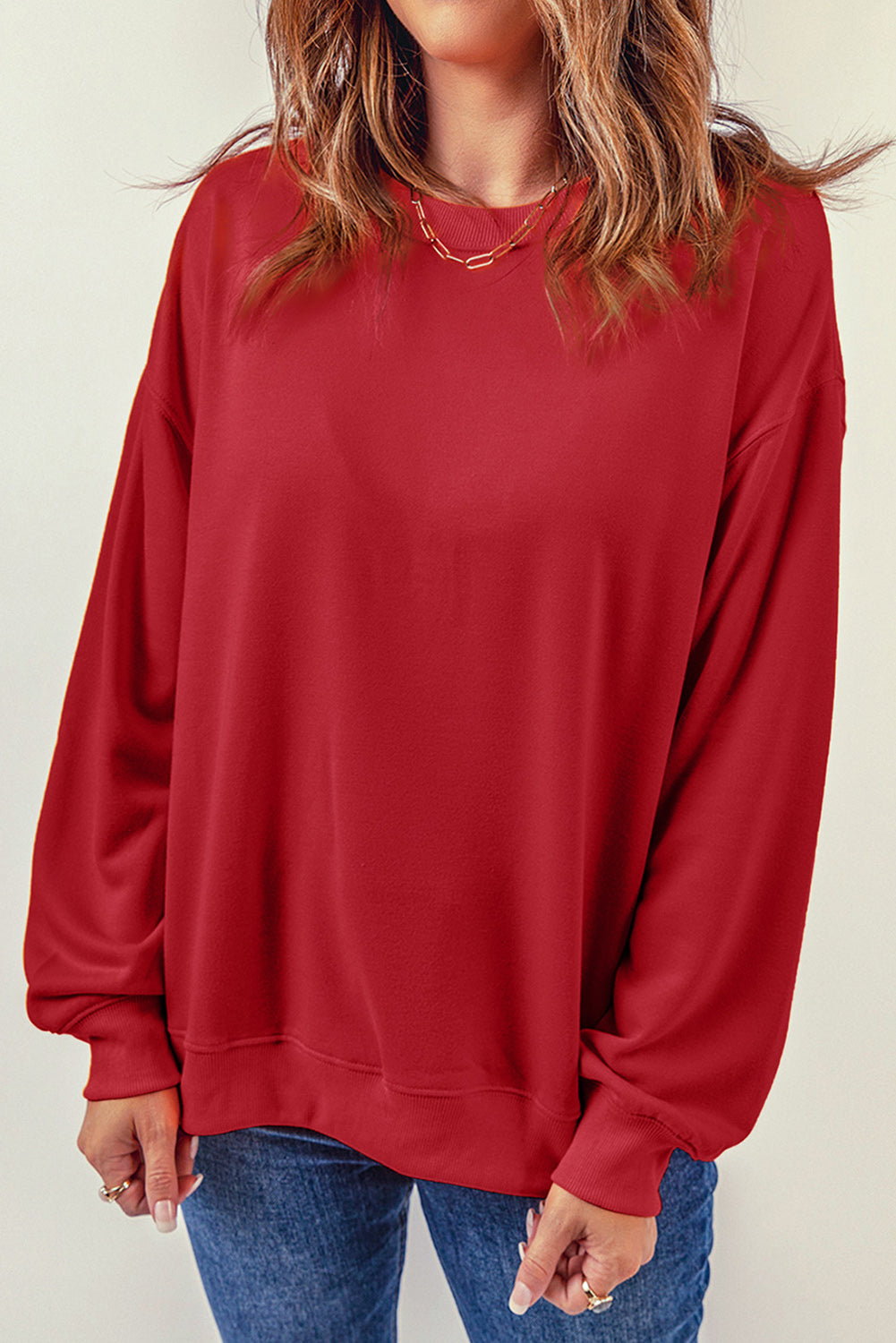 Fiery Red Plain Crew Neck Pullover Sweatshirt