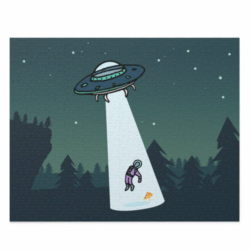 Illustration of a UFO abducting an astronaut in a forest at night, depicted on an Alien Abduction with Pizza Jigsaw Puzzle 500-Piece.