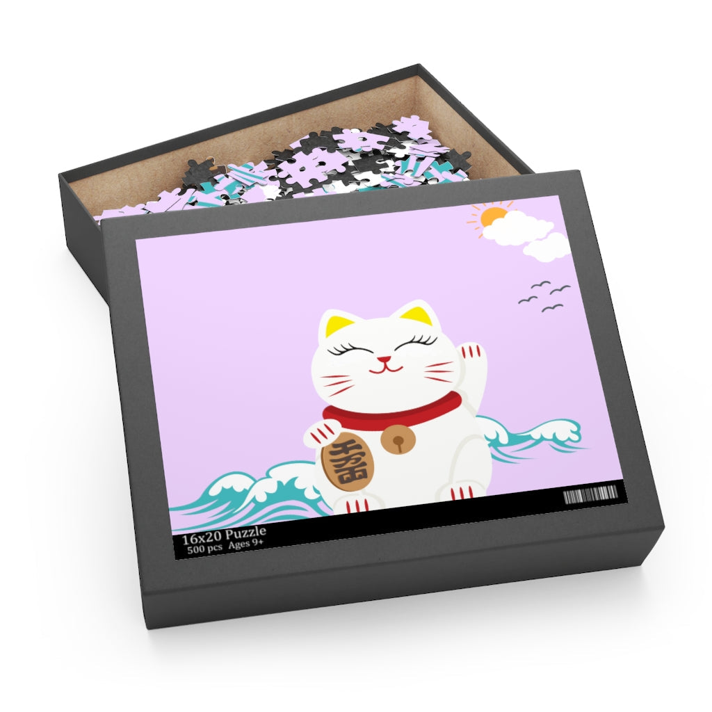 A Lucky Cat Jigsaw Puzzle 500-Piece featuring a cartoon lucky cat with a golden coin, against a background of waves and a partly sunny sky, composed of high-quality chipboard pieces.
