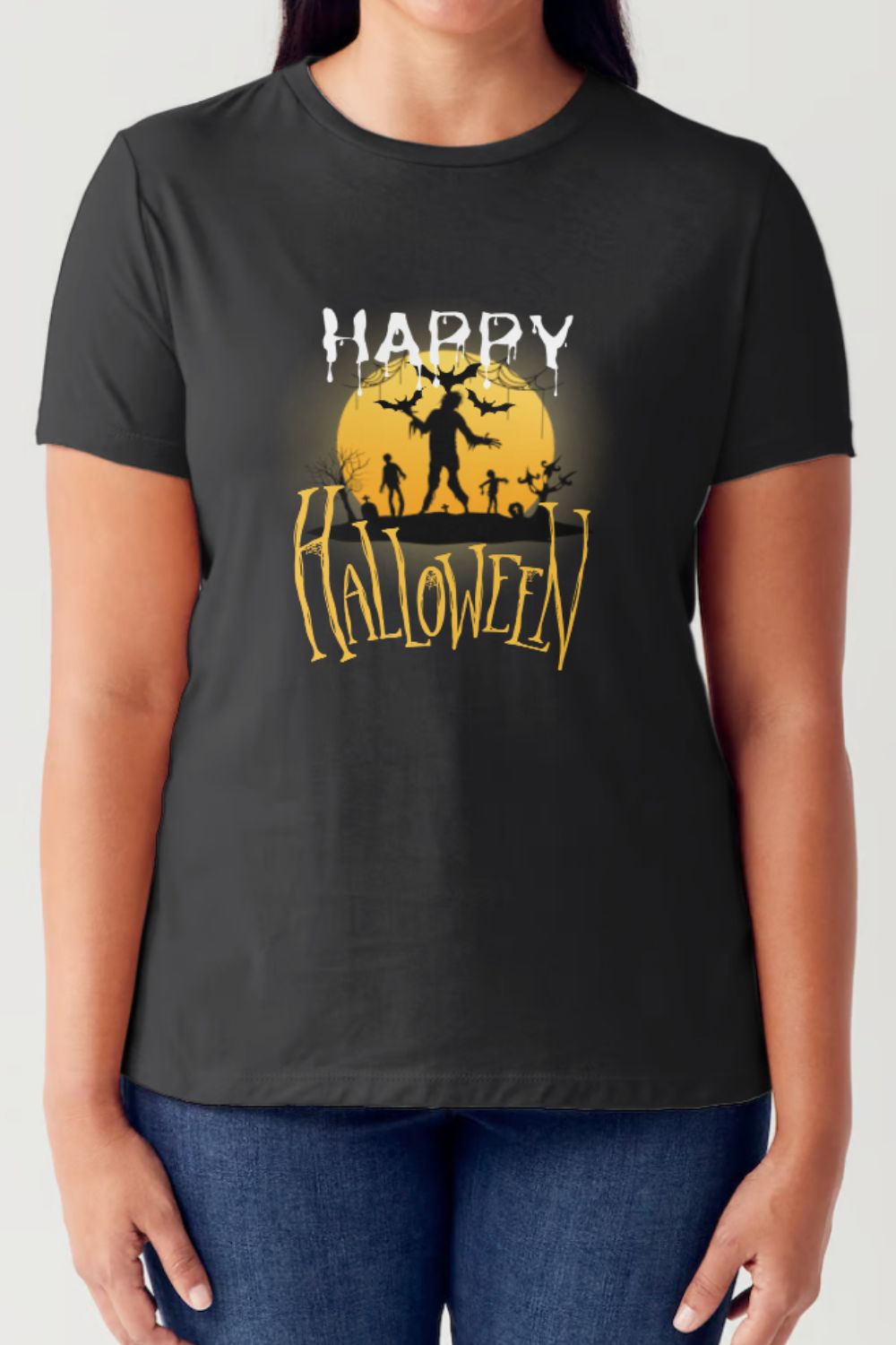 A person is wearing the Simply Love Full Size HAPPY HALLOWEEN Short Sleeve Tubular T-Shirt, with a festive fall wardrobe vibe. The Halloween-themed design showcases a spooky scene with bats, a full moon, and silhouettes of trick-or-treaters.