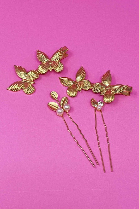 Antique Garden Hair Clip Set butterfly clips and pearl-embellished hair pins on a pink background.
